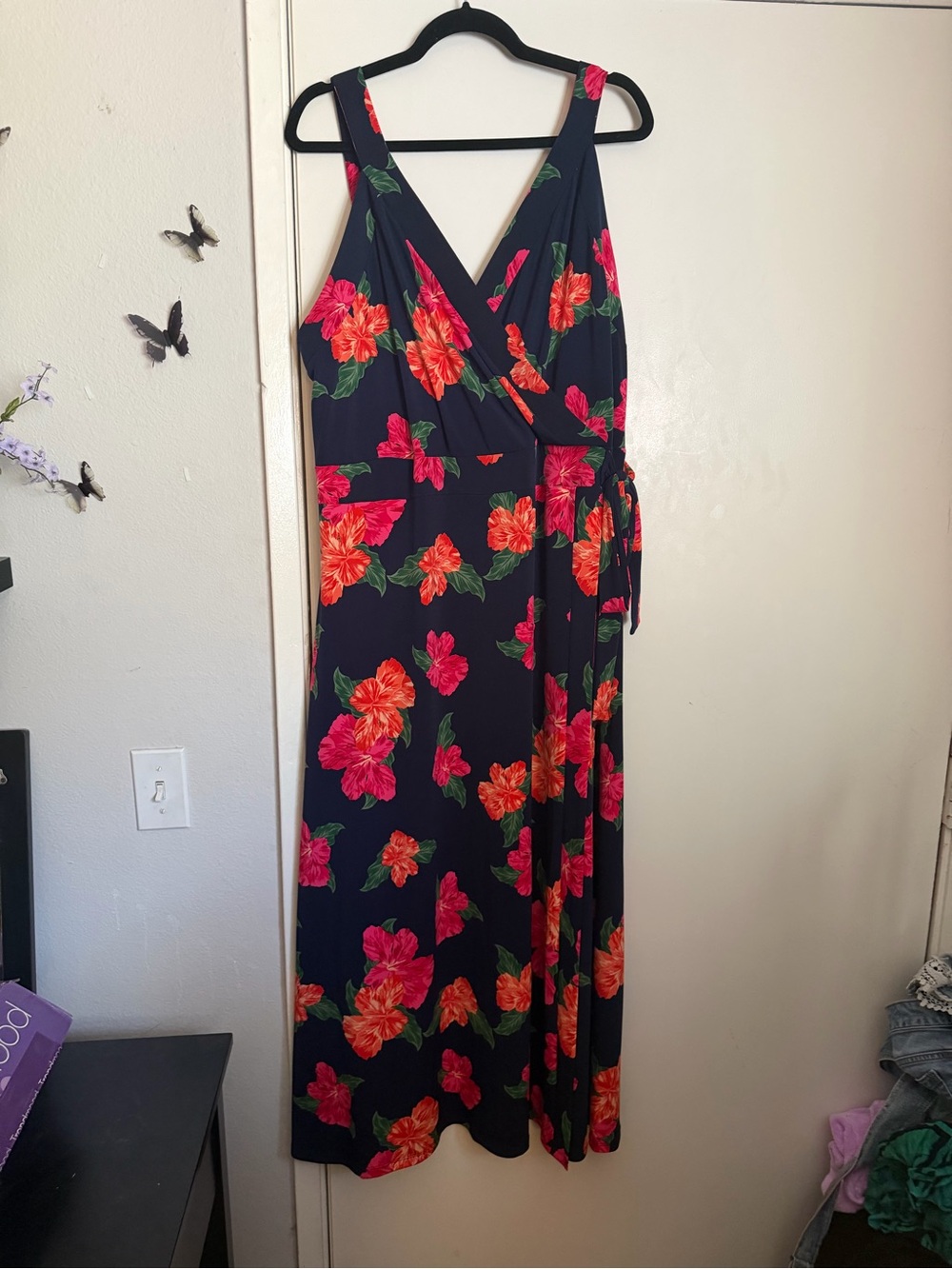 Market & Spruce Navy Wrap Maxi Dress with Pink & Orange Floral Print